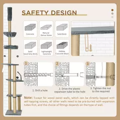 PawHut 230-250cm Floor-to-Ceiling Climbing Cat Tree Tower - Grey - 7