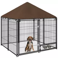 PawHut Outdoor Dog Kennel Puppy Play Pen with Canopy Garden Playpen Fence Crate Enclosure Cage Rotating Bowl 141 x 141 x 151 cm - 1
