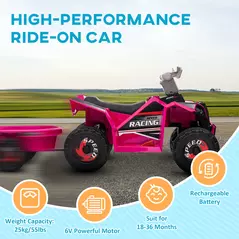 HOMCOM 6V Quad Bike with Back Trailer, Wear-Resistant Wheels, for Ages 18-36 Months, Pink - 6