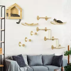 PawHut 8 Piece Cat Shelves Set, with Cat House, Three Perches, Three Scratching Posts - 9