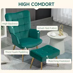 HOMCOM Modern Armchair with Footstool, Upholstered Accent Chair with Ottoman, Steel Legs, Velvet Wingback Chair for Living Room, Bedroom, Home Study, Dark Green - 4