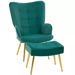 HOMCOM Modern Armchair with Footstool, Upholstered Accent Chair with Ottoman, Steel Legs, Velvet Wingback Chair for Living Room, Bedroom, Home Study, Dark Green - 1