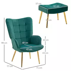 HOMCOM Modern Armchair with Footstool, Upholstered Accent Chair with Ottoman, Steel Legs, Velvet Wingback Chair for Living Room, Bedroom, Home Study, Dark Green - 3