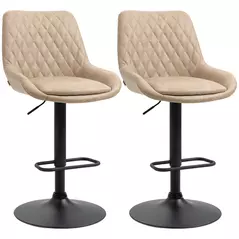 HOMCOM Retro Bar Stools Set of 2, Adjustable Kitchen Stool, Upholstered Bar Chairs with Back, Swivel Seat, Light Khaki - 1
