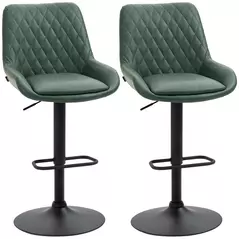 HOMCOM Retro Bar Stools Set of 2, Adjustable Kitchen Stool, Upholstered Bar Chairs with Back, Swivel Seat, Green - 1