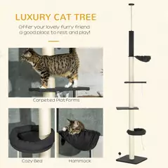 PawHut 240-270cm Floor-To-Ceiling Cat Tree, 5 Tier Cat Climbing Tower, with Bed, Hammock, Platforms, Dark Grey and Cream - 4