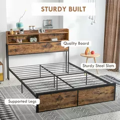 HOMCOM Industrial King Bed Frame, 5.2FT Steel Bed Base with Storage Headboard, Footboard, Slatted Support and Under Bed Storage, 158 x 222cm, Rustic Brown - 7