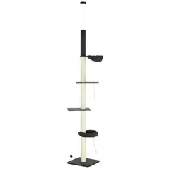PawHut 240-270cm Floor-To-Ceiling Cat Tree, 5 Tier Cat Climbing Tower, with Bed, Hammock, Platforms, Dark Grey and Cream - 1