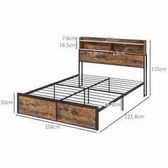 HOMCOM Industrial King Bed Frame, 5.2FT Steel Bed Base with Storage Headboard, Footboard, Slatted Support and Under Bed Storage, 158 x 222cm, Rustic Brown - 3