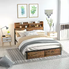 HOMCOM Industrial King Bed Frame, 5.2FT Steel Bed Base with Storage Headboard, Footboard, Slatted Support and Under Bed Storage, 158 x 222cm, Rustic Brown - 2