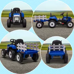 HOMCOM Ride On Tractor, Battery Powered Electric Car, with Detachable Trailer, Remote Control, Music, Blue - 9