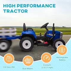 HOMCOM Ride On Tractor, Battery Powered Electric Car, with Detachable Trailer, Remote Control, Music, Blue - 8