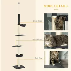 PawHut 240-270cm Floor-To-Ceiling Cat Tree, 5 Tier Cat Climbing Tower, with Bed, Hammock, Platforms, Dark Grey and Cream - 6