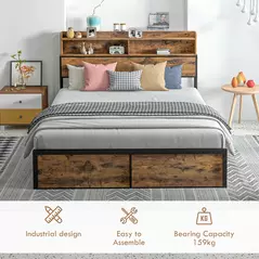 HOMCOM Industrial King Bed Frame, 5.2FT Steel Bed Base with Storage Headboard, Footboard, Slatted Support and Under Bed Storage, 158 x 222cm, Rustic Brown - 6