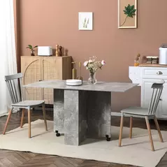 HOMCOM 80-140 cm Folding Dining Table for 4-6 People, Drop Leaf Table with 2-Tier Shelves, Rolling Casters, for Small Spaces, Kitchen, Flat, Dining Room, Cement Grey - 2