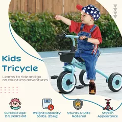 AIYAPLAY Kids Trike, Tricycle, with Adjustable Seat, Basket, Bell, for Ages 2-5 Years - Blue - 4