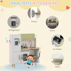 AIYAPLAY Toy Kitchen, Kids Play Kitchen, Role Playing Game with Phone, Ice Maker, Stove, Utensils, for 3-6 Years, White - 4