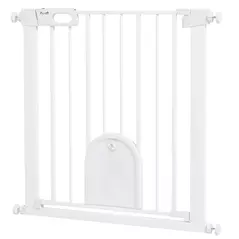 PawHut 75-82cm Pet Safet Gaye, Pressure Fit Stair, with Cat Flap, Double Locking, White - 1