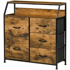 HOMCOM Bedroom Chest of Drawers, Industrial 5 Fabric Drawer Dresser with Open Shelf for Living Room, Rustic Brown - 1