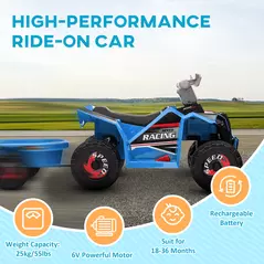 HOMCOM 6V Quad Bike with Back Trailer, Wear-Resistant Wheels, for Ages 18-36 Months, Blue - 6