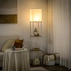 HOMCOM Modern Floor Lamp with Shelves, 3 Layer Shelf Tall Standing Lamp with Fabric Lampshade, Pull Chain Switch for Living Room, Bedroom, Bulb not Included, White - 2