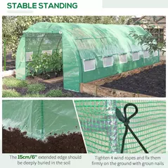 Outsunny Polytunnel Greenhouse Walk-in Grow House Tent with Roll-up Sidewalls, Zipped Door and 12 Windows, 6x3x2m Green - 6