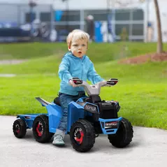 HOMCOM 6V Quad Bike with Back Trailer, Wear-Resistant Wheels, for Ages 18-36 Months, Blue - 2