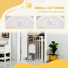 PawHut 75-82cm Pet Safet Gaye, Pressure Fit Stair, with Cat Flap, Double Locking, White - 6