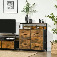 HOMCOM Bedroom Chest of Drawers, Industrial 5 Fabric Drawer Dresser with Open Shelf for Living Room, Rustic Brown - 2