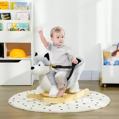 HOMCOM Baby Rocking Horse, Husky-Designed Plush Rocking Animal, with Sounds, Seatbelt, for Ages 18-36 Months - Grey - 2