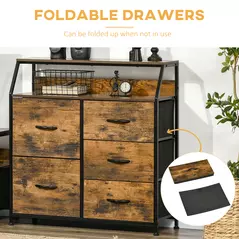 HOMCOM Bedroom Chest of Drawers, Industrial 5 Fabric Drawer Dresser with Open Shelf for Living Room, Rustic Brown - 5