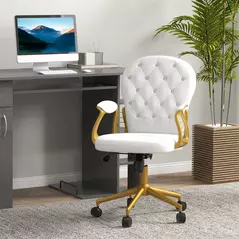 Vinsetto Height Adjustable Home Office Chair, Button Tufted Computer Chair with Padded Armrests and Tilt Function, Cream White - 2