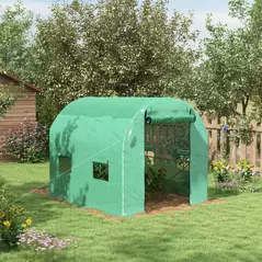 Outsunny Walk-In Garden Polytunnel Greenhouse with Steel Frame, PE Cover, Roll-Up Door and 4 Windows, 2.5 x 2m, Green - 2