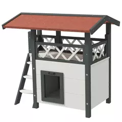 PawHut Cat House Outdoor w/ Balcony Stairs Roof, 77 x 50 x 73 cm, White - 1