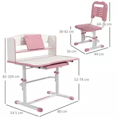 ZONEKIZ Height Adjustable Kids Study Table and Chair Set, with Drawer, Storage Shelf, 80 x 54.5 x 104 cm, Pink - 3