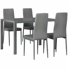 HOMCOM 5-Piece Kitchen Dining Table Set with 4 Faux Leather Metal Frame Chairs Glass Tabletop Desk for Dining Room, Kitchen, Dinette, Grey - 1