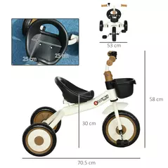 AIYAPLAY Kids Trike, Tricycle, with Adjustable Seat, Basket, Bell, for Ages 2-5 Years - White - 3