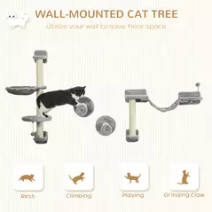 PawHut Four-Piece Cat Wall Furniture with Hammock, Perches, Ladder, Scratching Post, Grey - 4