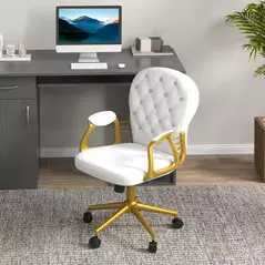 Vinsetto Height Adjustable Home Office Chair, Button Tufted Computer Chair with Padded Armrests and Tilt Function, Cream White - 9