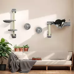 PawHut Four-Piece Cat Wall Furniture with Hammock, Perches, Ladder, Scratching Post, Grey - 2