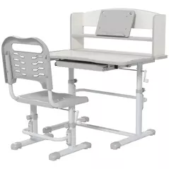 ZONEKIZ Height Adjustable Kids Study Table and Chair Set, with Drawer, Storage Shelf, 80 x 54.5 x 104 cm, Grey - 1