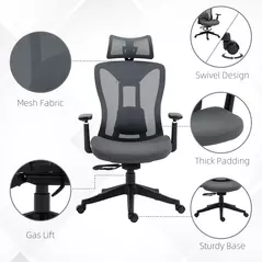 Vinsetto Mesh Office Chair, Ergonomic Desk Chair, Computer Chair with Adjustable Headrest and Lumbar Support, 135° Reclining Back and 3D Armrest for Home Office Study, Grey - 9