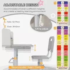 ZONEKIZ Height Adjustable Kids Study Table and Chair Set, with Drawer, Storage Shelf, 80 x 54.5 x 104 cm, Grey - 6