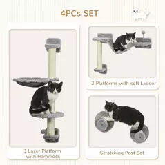 PawHut Four-Piece Cat Wall Furniture with Hammock, Perches, Ladder, Scratching Post, Grey - 5
