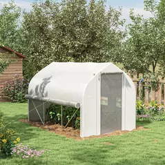 Outsunny 3 x 2(m) Walk-in Polytunnel Greenhouse, Zipped Roll Up Sidewalls, Mesh Door, 6 Mesh Windows, Tunnel Warm House Tent with PE Cover, Complimentary Plant Labels and Gloves, White - 2