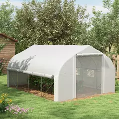 Outsunny 4 x 3(m) Walk-in Polytunnel Greenhouse, Zipped Roll Up Sidewalls, Mesh Door, 8 Mesh Windows, Tunnel Warm House Tent with PE Cover, Complimentary Plant Labels and Gloves, White - 2