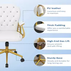 Vinsetto Height Adjustable Home Office Chair, Button Tufted Computer Chair with Padded Armrests and Tilt Function, Cream White - 6