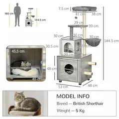 PawHut Enclosed Cat Litter Box with Cat House, Cat Bed, Scratching Posts, Platforms, for Indoor Cats - Grey - 3
