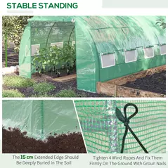 Outsunny Polytunnel Greenhouse Walk-in Grow House Tent with Roll-up Sidewalls, Zipped Door and 8 Windows, 4x3x2m Green - 6
