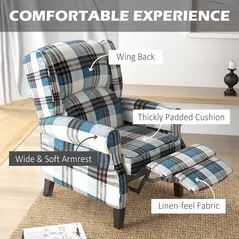 HOMCOM Wingback Reclining Chair Push Back Recliner Armchair for Living Room Bedroom with Footrest Armrests Wood Legs Blue - 5